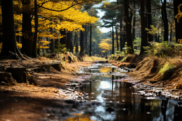 Fototapeta na wymiar Autumn forest landscape, orange golden foliage, fall wallpaper, AI Generated