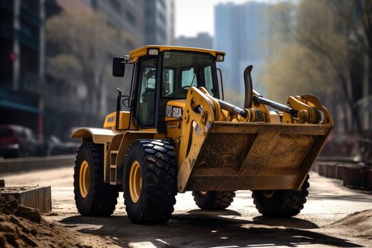photos of heavy construction equipment, bulldozers on construction site