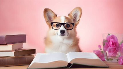 Cute corgi dog professor with pile of books on pink background. AI generated image.