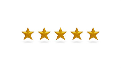 Five stars customer product rating review icon for apps and websites. Five stars rating button. Yellow rating stars on white background. Feedback evaluation. 3d illustration