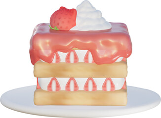 3d rendering of three layers of honey toast topped with whipped cream and strawberry sauce