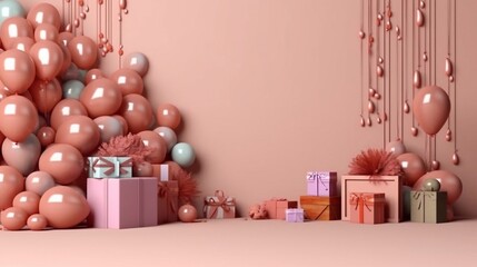 Obraz na płótnie Canvas Birthday banner background with realistic 3d party decor. Airballs and giftboxes on wall background, ai generated. Copy paste