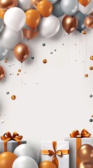 Birthday banner background with realistic 3d party decor. Airballs on white background, ai generated. Copy paste