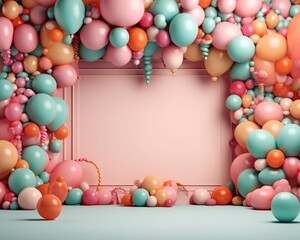 Fototapeta na wymiar Birthday banner background with realistic 3d party decor. Airballs on orange background, ai generated