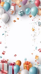 Birthday banner background with realistic 3d party decor. Airballs and giftboxes on white background, ai generated. Copy paste