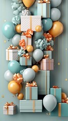 Fototapeta na wymiar Birthday banner background with realistic 3d party decor. Airballs and giftboxes on green background, ai generated