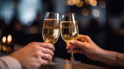 Hands of  couple holding champagne glasses on festive gold glowing bokeh background. AI generated - obrazy, fototapety, plakaty