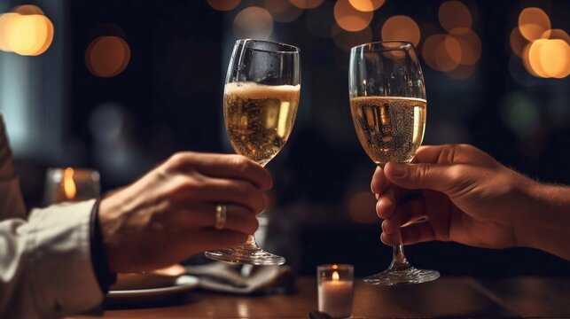 Hands of  couple holding champagne glasses on festive gold glowing bokeh background. AI generated