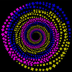 Abstract vector geometric pattern in the form of a spiral of multi-colored flowers arranged in a circle on a black background