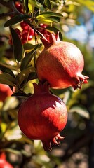 Close up of Fresh pomegranates branch on sunny garden background. AI generated