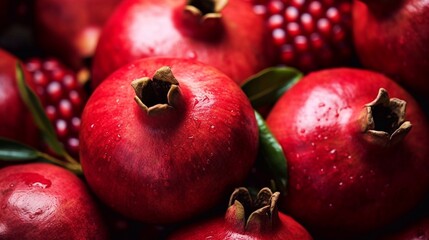Close up of fresh ripe pomegranates seamless background, top view. AI generation