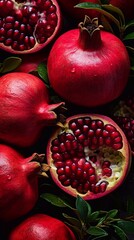 Close up of fresh ripe pomegranates seamless background, top view. AI generation