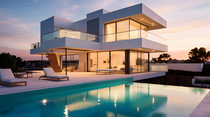 Exterior of modern minimalist cubic villa with swimming pool at sunset. - obrazy, fototapety, plakaty