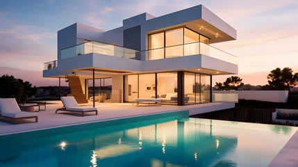 Foto op Canvas Exterior of modern minimalist cubic villa with swimming pool at sunset. © Prasanth