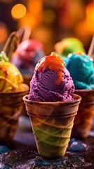 Halloweens ice cream cones on party background, ai generated