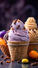 Halloweens ice cream cones cups on party background, ai generated