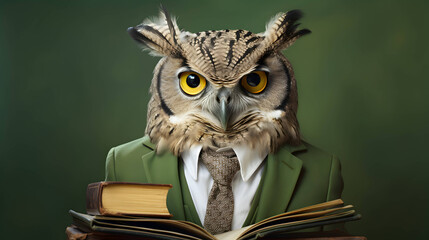Owl professor with books. AI generated image.