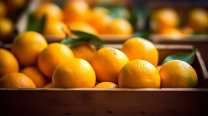 Close up of fresh oranges in wooden boxes. Farm market banner. AI generated