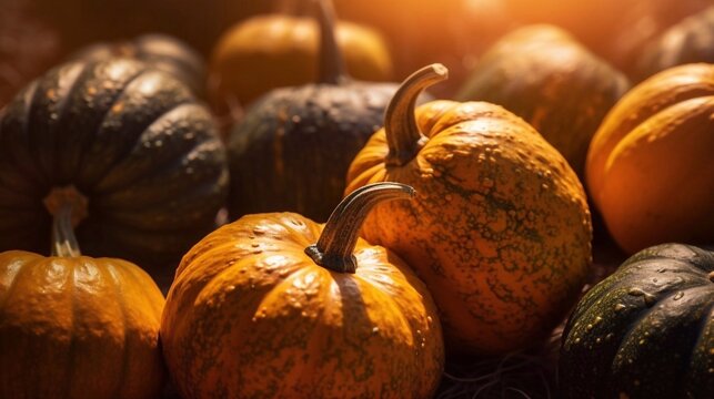 Fresh ripe pumpkins seamless background. Top view. Toned image. AI generated