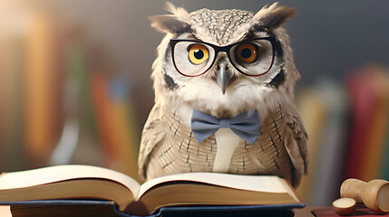 Cute owl teacher with pile of books. Back to school concept. AI generated image.