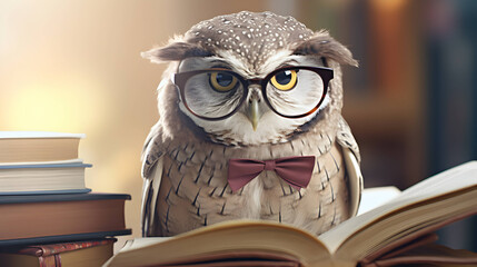 Cute owl teacher with pile of books. Back to school concept. AI generated image.