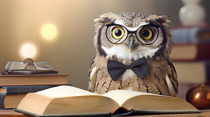 Cute owl teacher with pile of books. Back to school concept. AI generated image.