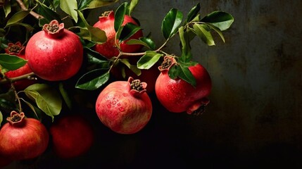 Obraz premium Fresh pomegranates branch on dark background. AI generated