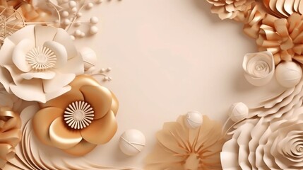 Golden paper flowers on a light background.Floral trendy abstract background with 3d paper flowers. AI generated