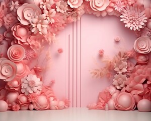 Pink paper flowers on a light pink background.Floral trendy abstract background with 3d paper flowers. AI generated