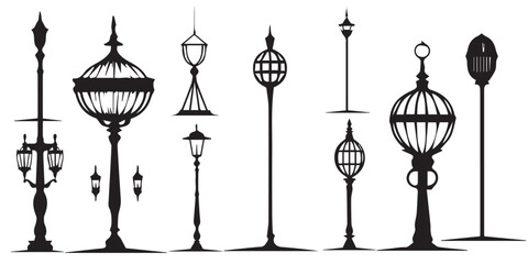 black and white street light lamp silhoulltte  vector  illustration