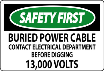 Safety First Sign Buried Power Cable Contact Electrical Department Before Digging 13,000 Volts