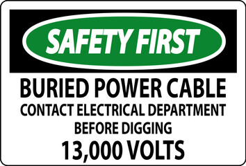 Fototapeta premium Safety First Sign Buried Power Cable Contact Electrical Department Before Digging 13,000 Volts