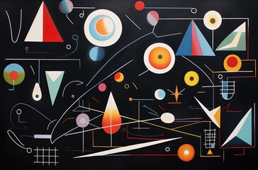 Abstract geometric shapes on a blackboard wet and grunge illustration made with Generative AI