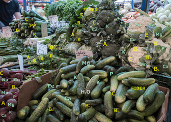 Stoisko z warzywami na targu. Ilustracja zawartości witamin i minerałów poszczególnych warzyw.