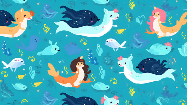 Funny dog mermaid swimming underwater cartoon seamless pattern in flat illustration style. Cute summer puppy pet group in beach background texture. Under water sea dogs wallpaper print.