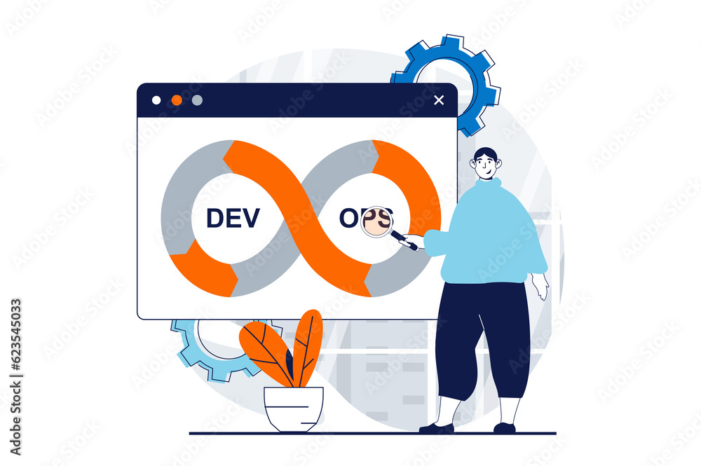 Poster DevOps concept with people scene in flat design for web. Man researching project workflow, improvement and optimization processes. Illustration for social media banner, marketing material.
