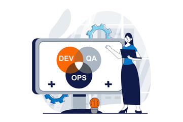 DevOps concept with people scene in flat design for web. Woman monitoring and optimization workflow, communication and administration. Illustration for social media banner, marketing material.