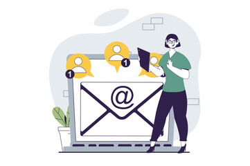 Email service concept with people scene in flat design for web. Woman creating new business mailing for group of clients at laptop. Illustration for social media banner, marketing material.