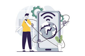 Email service concept with people scene in flat design for web. Man conducts online correspondence with contacts in mobile application. Illustration for social media banner, marketing material.