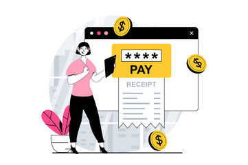 Electronic receipt concept with people scene in flat design for web. Woman receiving digital check at webpage and making online pay. Illustration for social media banner, marketing material.