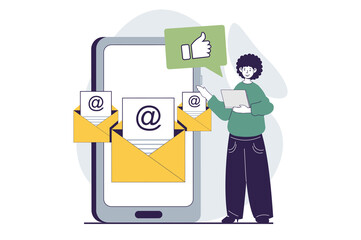 Email service concept with people scene in flat design for web. Man reading new letters and promotion newsletters using mobile app. Illustration for social media banner, marketing material.