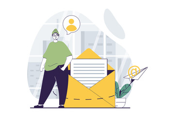 Email service concept with people scene in flat design for web. Man writes and sends letters and promotion newsletters using app. Illustration for social media banner, marketing material.
