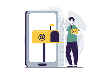 Email service concept with people scene in flat design for web. Man receiving new inbox letter at postal mailbox and using mobile app. Illustration for social media banner, marketing material.