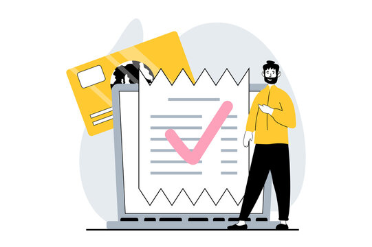Electronic receipt concept with people scene in flat design for web. Man paying with credit card and receiving payment confirmation. Illustration for social media banner, marketing material.