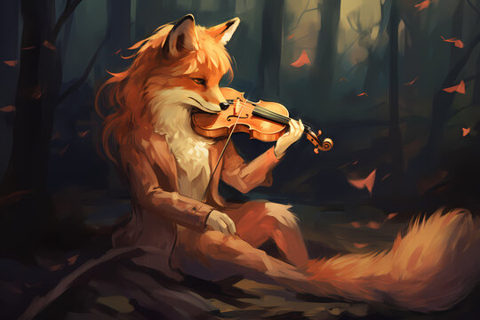 the fox is playing the violin,anime style