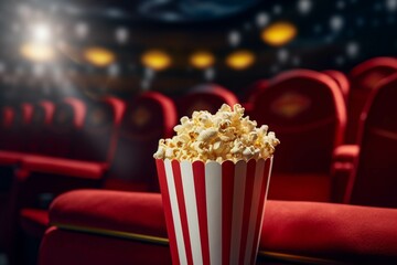 Popcorn in a red striped box on a dark background. Cinema concept