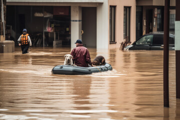 Raft with person and dog floats down flooded town street - obrazy, fototapety, plakaty