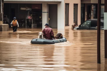 Foto op Aluminium Raft with person and dog floats down flooded town street © CLShebley