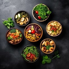 Variety of salads in bowls over black background. Top view, flat lay