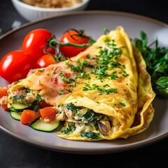 Omelet with chicken, mushrooms, zucchini and tomatoes